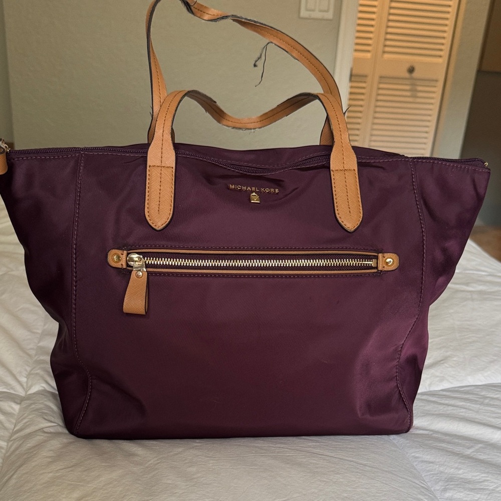 Michael Kors Kelsey Tote in Plum Deep Purple Tote with Tan Handles
